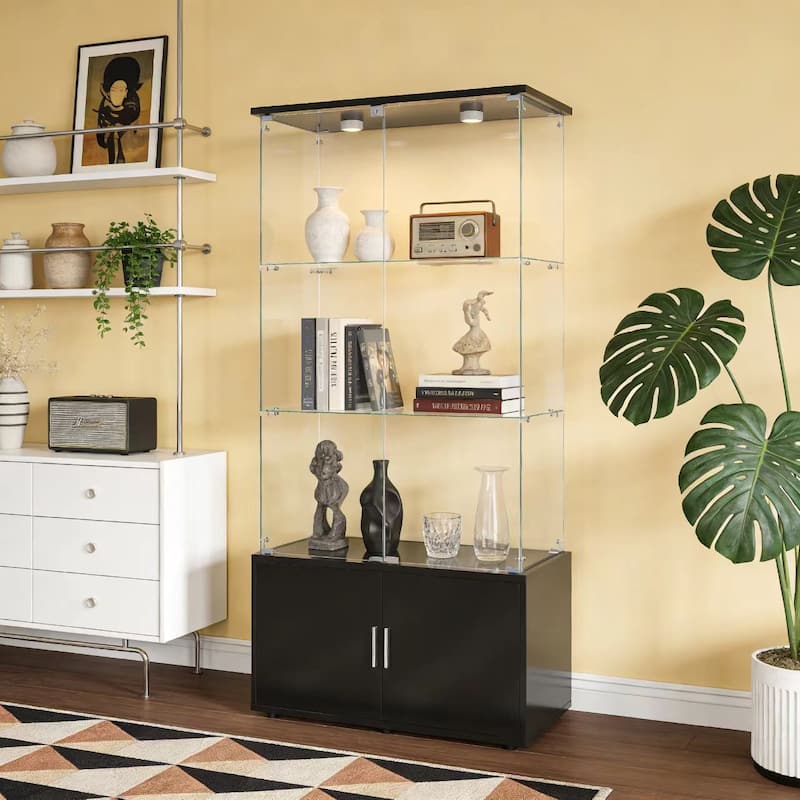 Double-door four-layer cabinet-style storage cabinet,display cabinet,wine cabinet,with remote-controlled lights,adjustable feet