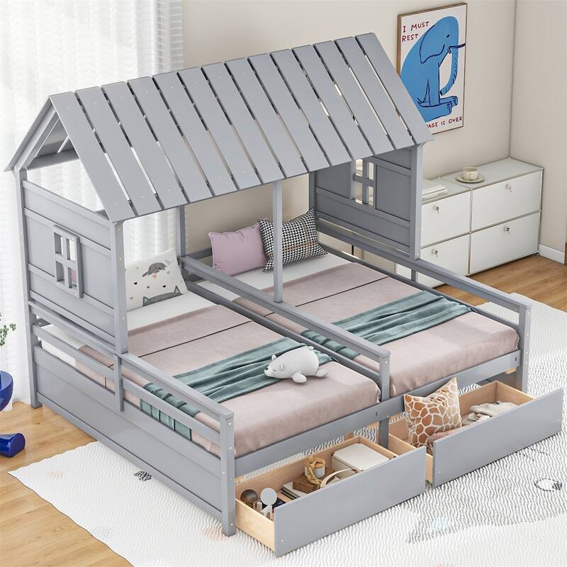 Twin Size House Platform Beds with Two Drawers