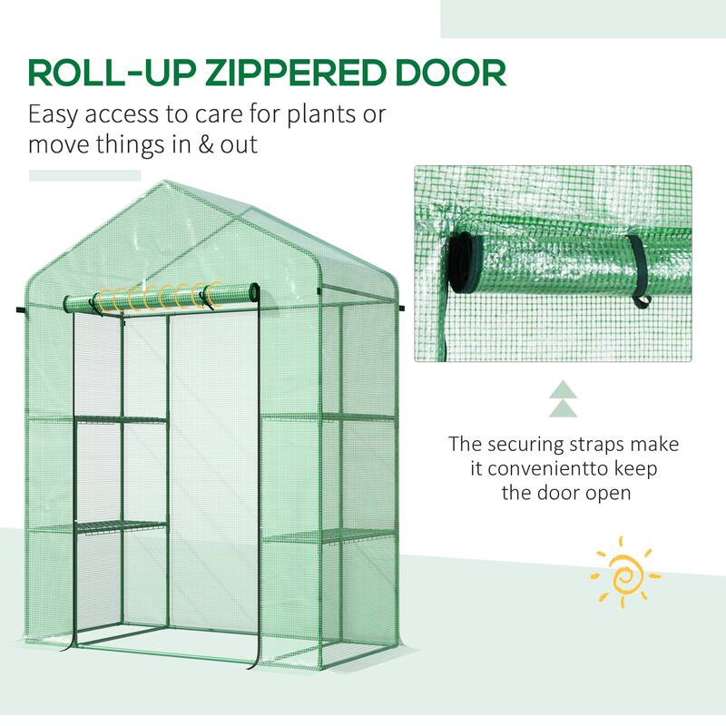 Outsunny 56" x 29" x 77" Mini Walk-in Greenhouse Kit, Portable Green House with 4 Shelves, Roll-Up Door