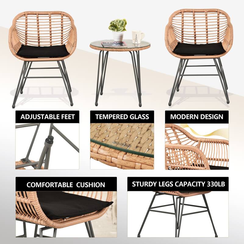 Wicker Bistro Set Outdoor Furniture with Cushions (Set of 3) by Tappio - 21.2"L x 23.6"W x 31.5"H