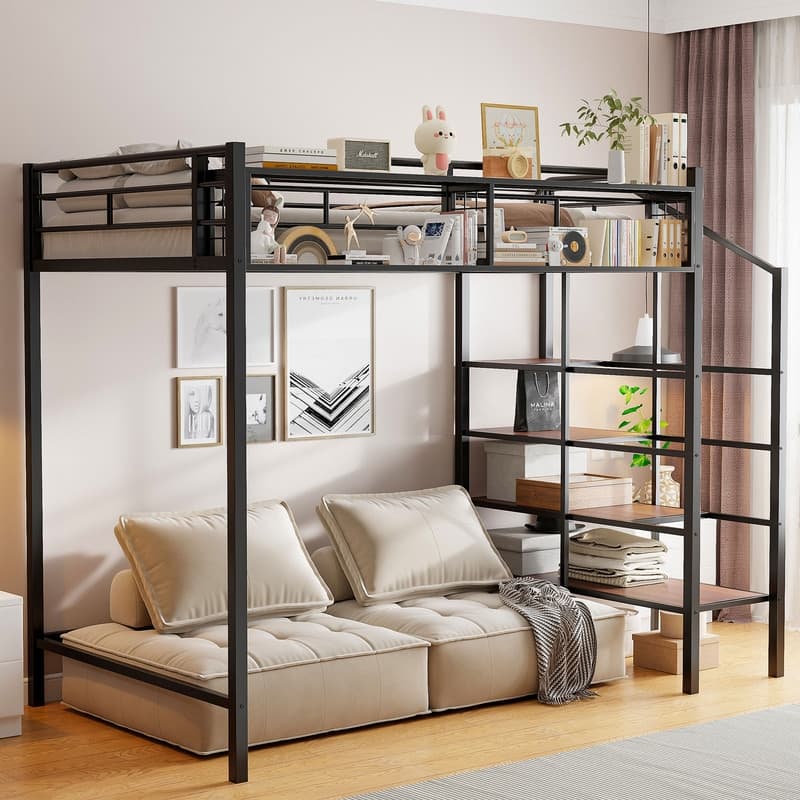 Twin Size Metal Loft Bed with Upper Grid Storage Shelf and Lateral Storage Ladder