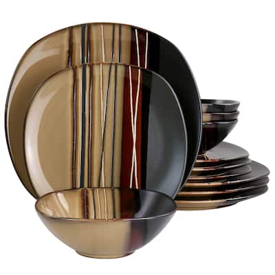 Hometrends 12 Piece Soft Square Stoneware Dinnerware Set in Brown - 12 pc