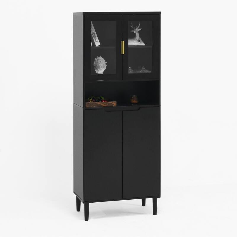 Tall Kitchen Pantry Cabinet with 2 Glass Display Doors & 2 Solid Doors - Black
