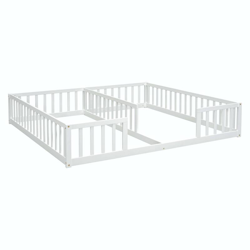 Double Twin Floor Bed with Fence and Guardrails, without door