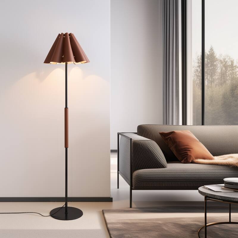 Mid-Century Modern Floor Lamp with Faux Leather Shade - 65 inch