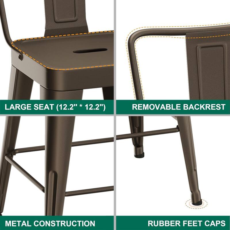 Metal Counter Stools Set of 4 Counter Height Bar Stools 24" Height Barstools with Metal Frame and Low Back