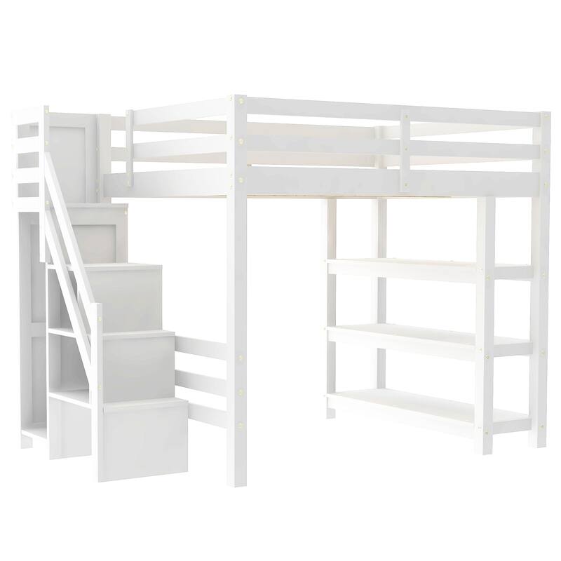 3-Tier Shelves Loft Bed White Wood Bed Frame with Storage Staircase and Safety Guardrail, Bright LED Lights Underneath