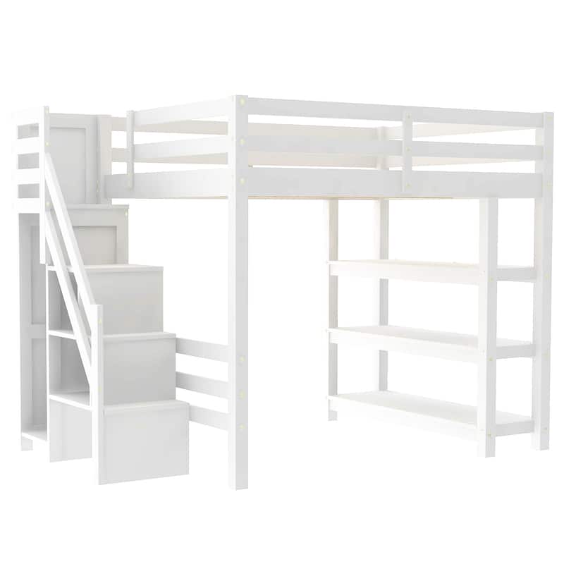 Modern Loft Bed with Shelves, Storage Staircase, Wardrobe & White LED Light