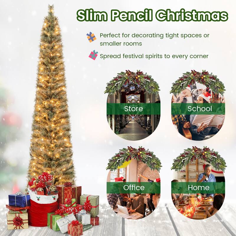 Gymax 6/7 FT Pre-Lit Artificial Christmas Tree Slime Pencil Christmas