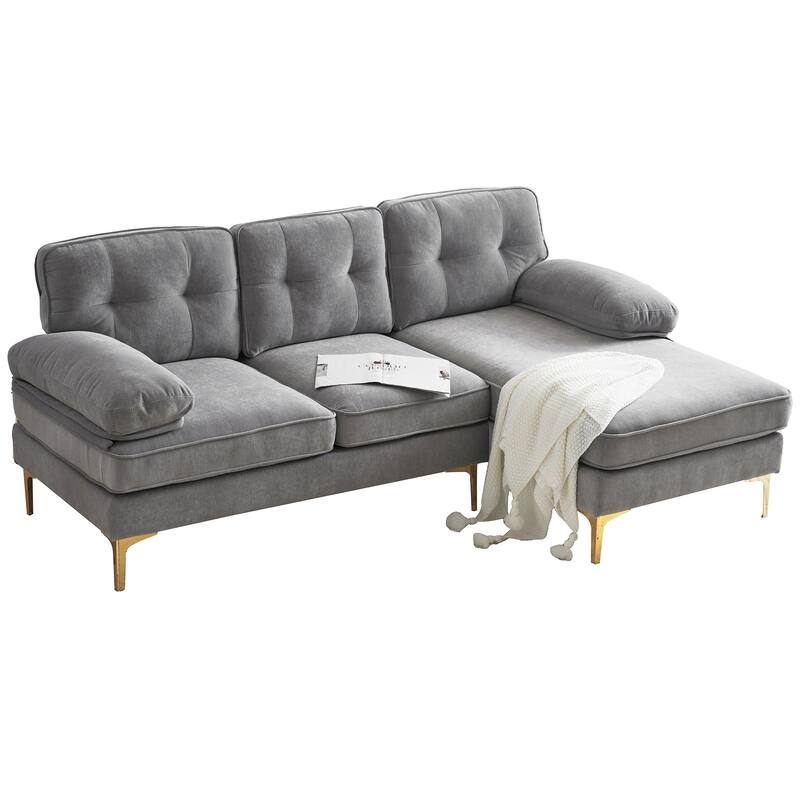 Velvet Sectional Sofas Couches with Pillow Top Arms and Upholstered Backrest, Modern L-Shaped Couches with Metal Legs