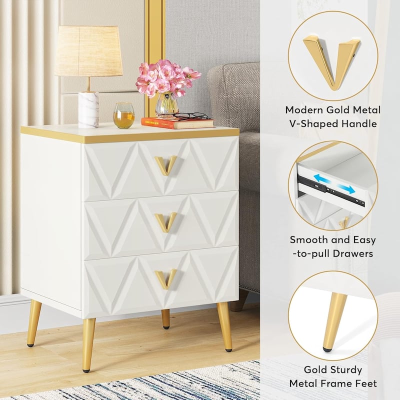 White-Gold Engineered Wood Nightstand Set of 2 with 3 Drawers and Metal Legs