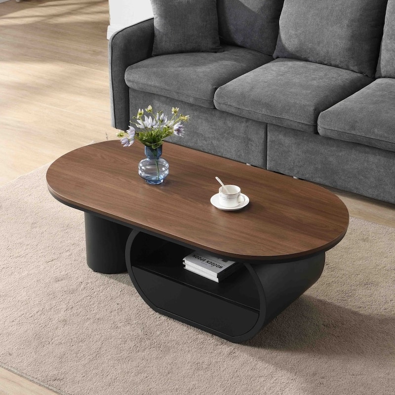 47.24'' Modern Luxury Oval Coffee Table with Storage Drawer for Living Room - Black Brown