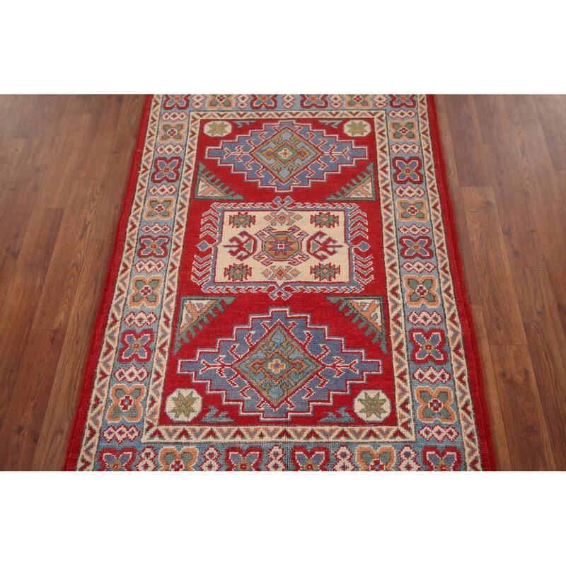 Geometric Red Kazak Accent Rug Handmade Red Wool Carpet - 2'9" x 4'1"