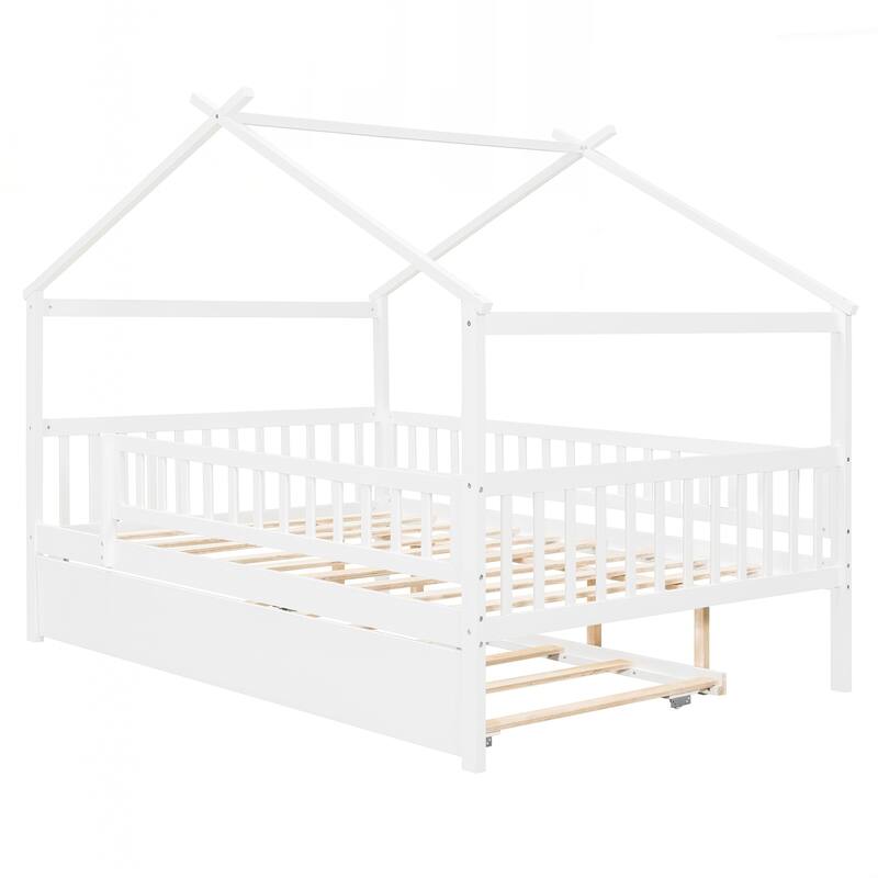 Full Size Wooden House Bed with Twin Size Trundle