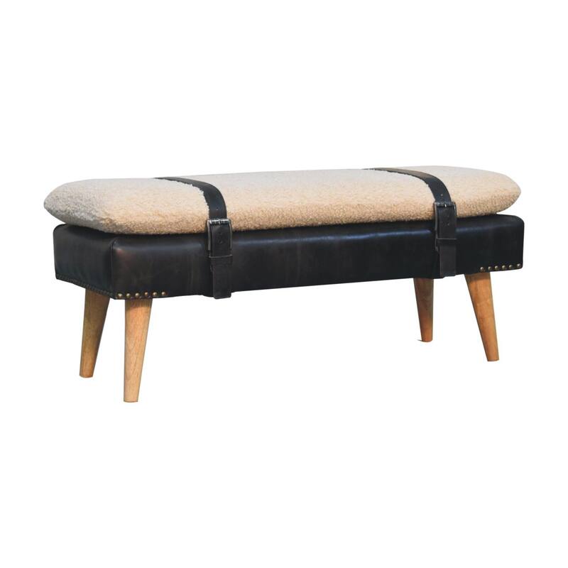 Artisan Furniture Solid Wood Bouclé Buffalo Hide Black Leather Bench