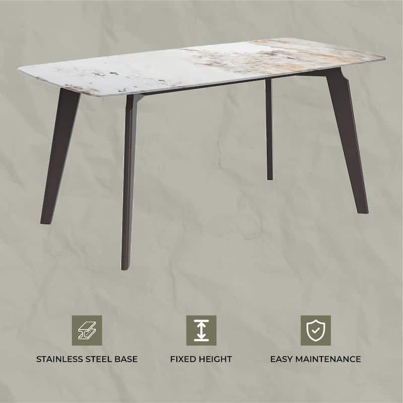 Krevor Modern Dining Table with Rectangular Sintered Stone or Glass Wide Tabletop and Black Steel Base