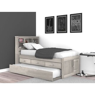 OS Home and Office Furniture 85220K3-22 Solid Pine Twin Captains Bookcase Bed with 3 drawers and Twin Sized Trundle in Light Ash