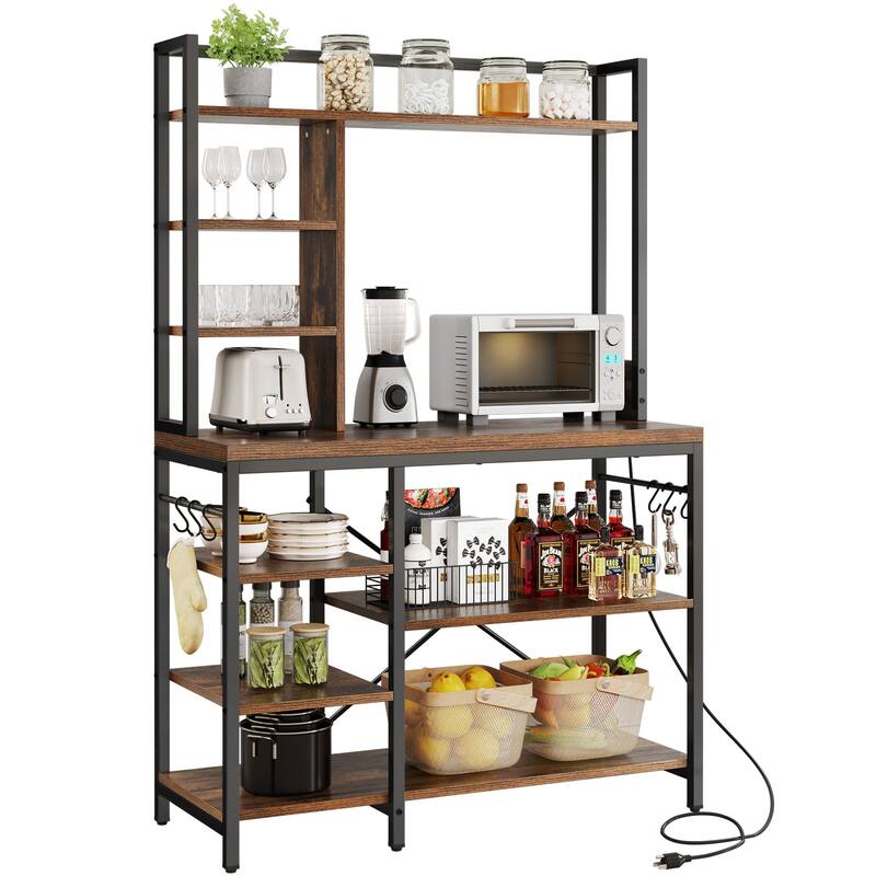 Moasis Kitchen Bakers Rack Utility Storage Shelf with Power Outlets Microwave Oven Stand - Brown/Black