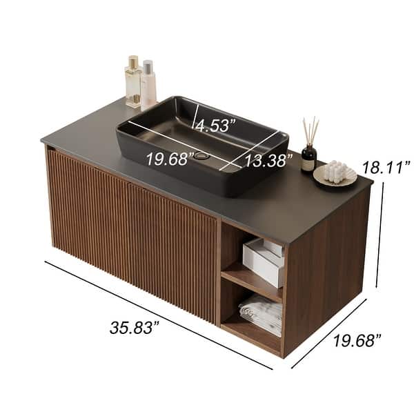 dimension image slide 1 of 2, 36'' Single Bathroom Vanity with Glossy Sintered Stone Top, Light Wood & Dark Wood
