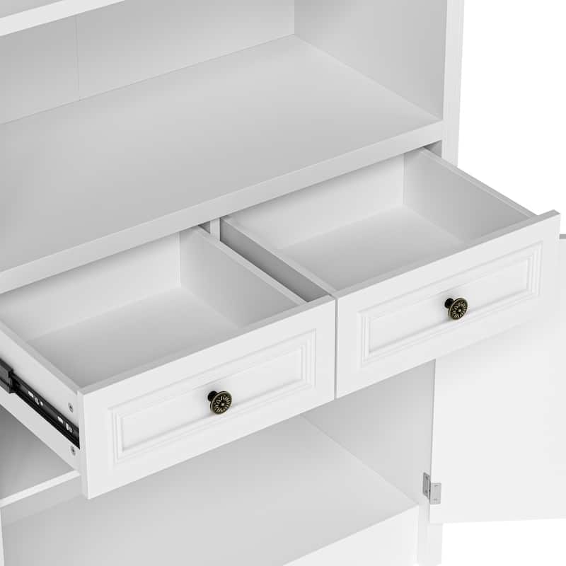 Modular White Bookcase with LED Lights & Glass Doors, 86.6" Tall Arched Display Cabinet Solid WoodStorage Cabinet
