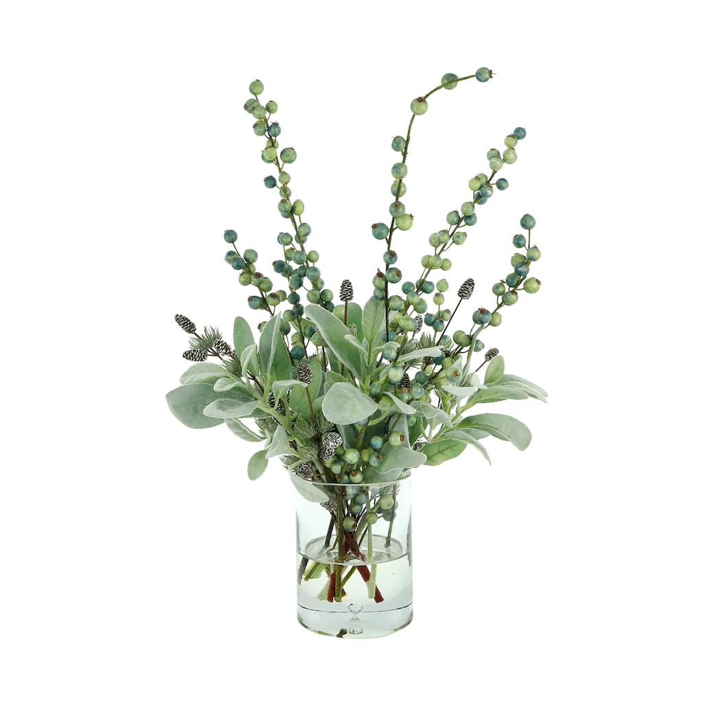 Lamb's Ear Holiday Arrangement with Pinecones and Berries in a Glass Vase - Green, Blue - 24Hx16Wx16D