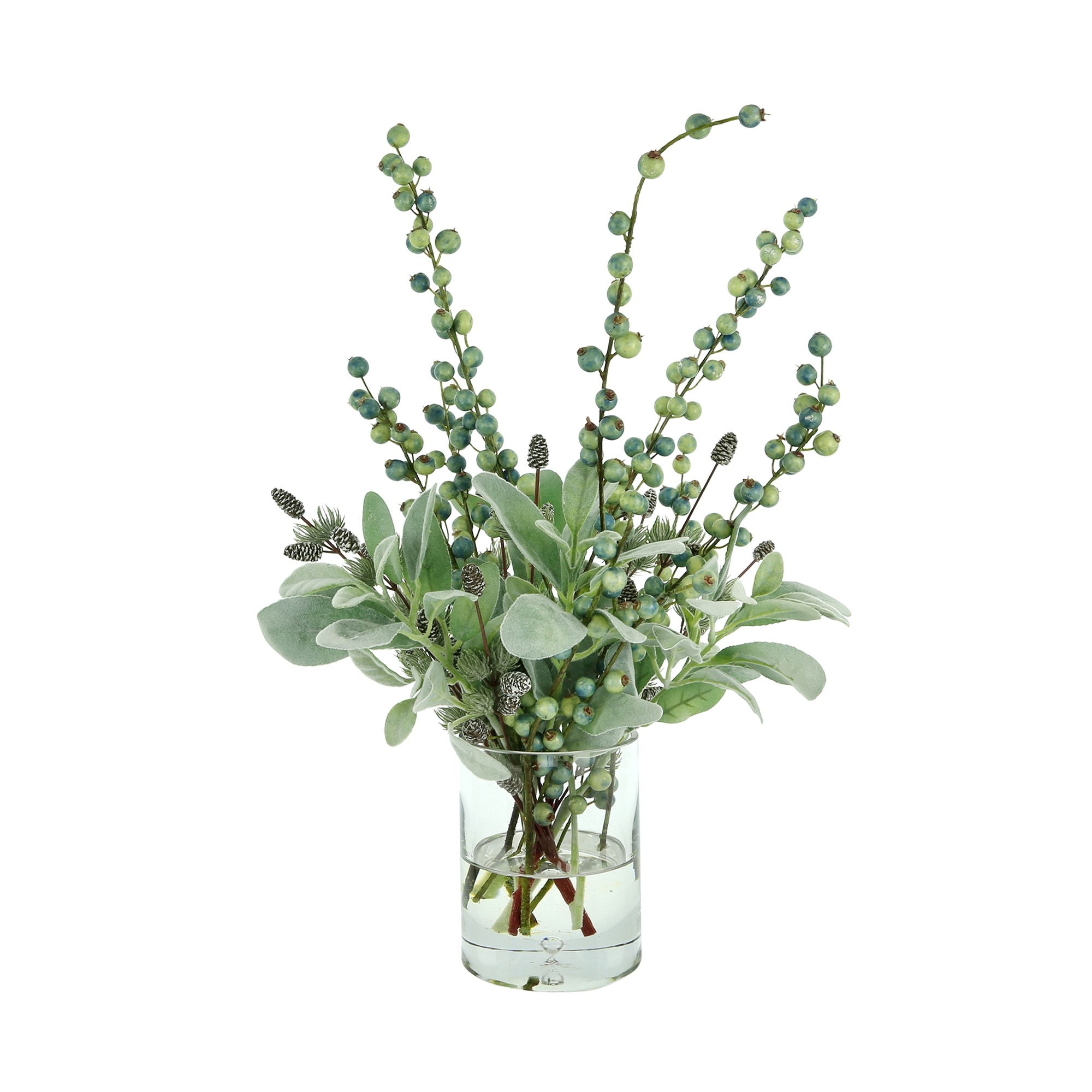 Lamb's Ear Holiday Arrangement with Pinecones and Berries in a Glass Vase - Green, Blue - 24Hx16Wx16D