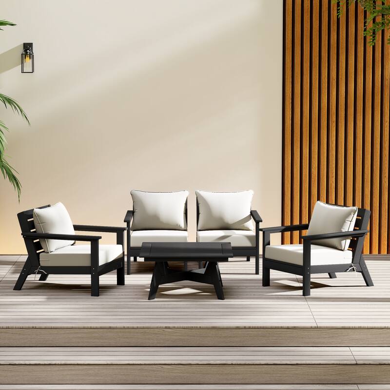Birchwood All Weather HDPE Outdoor Patio Black Deep Seating Conversation Set (5-Piece Set) - Black/White