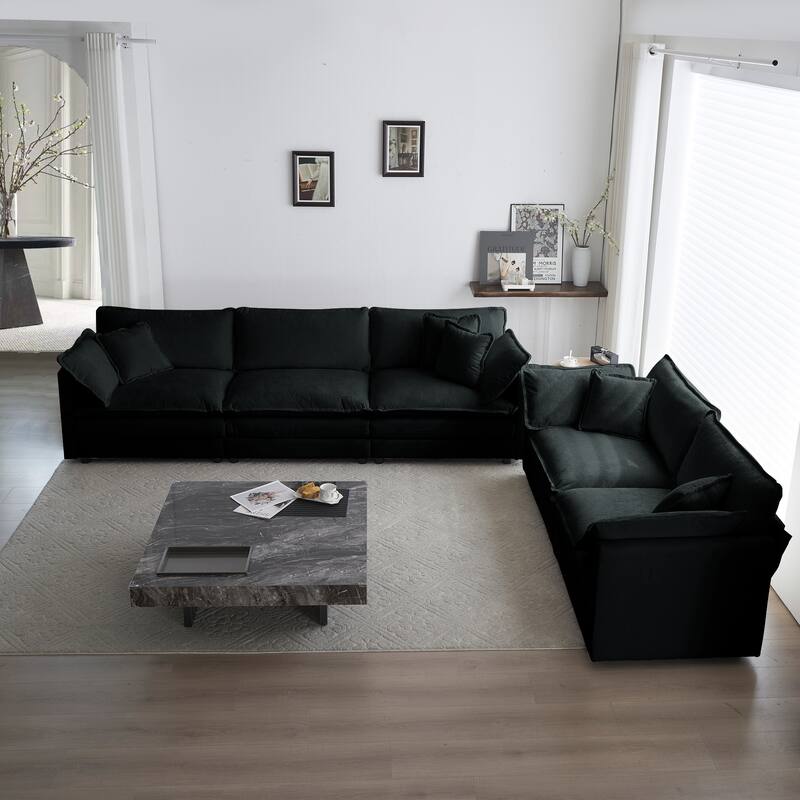 Chenille Sofa Set of 2, 3-Seater & 2-Seater Sectional Couch w/ Pillows - Black