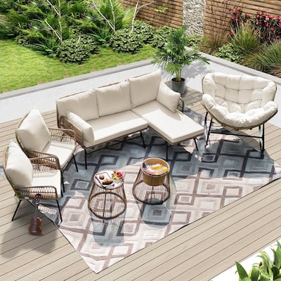 7-Piece Outdoor Boho Patio Furniture Set with Papasan Rocking Chair, Wicker Sectional Conversation Set with Ice Bucket Table