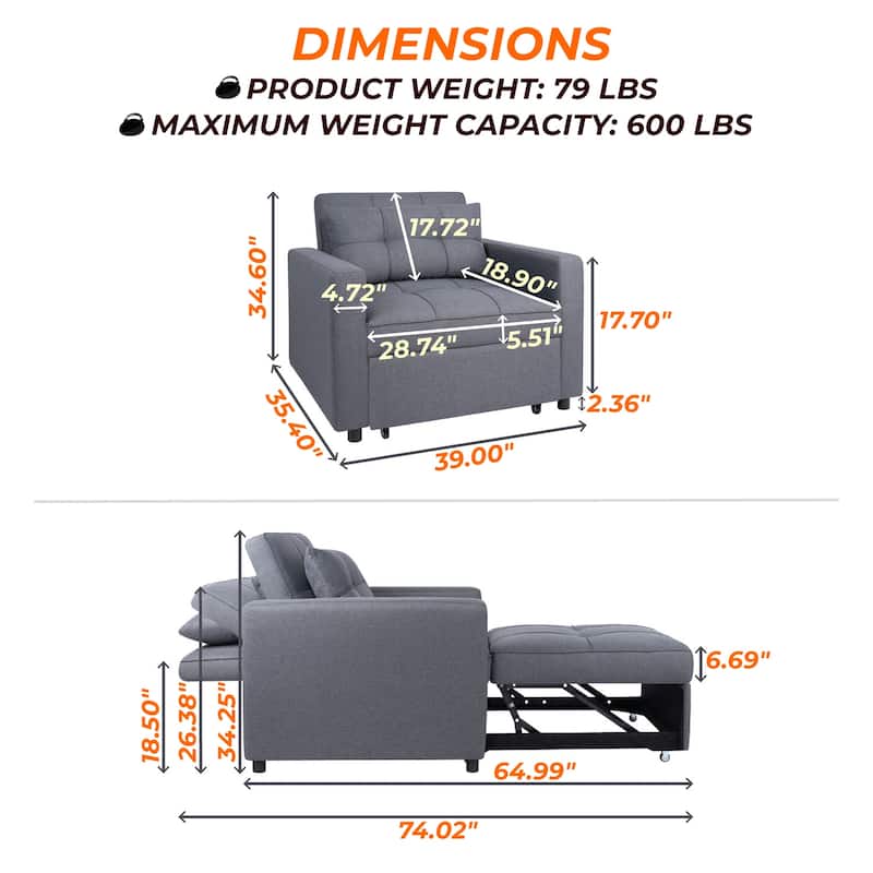 3-in-1 Convertible Recliner Chair Bed – Modern Upholstered Sleeper Sofa, Foldable Lounge Chair for Small Spaces