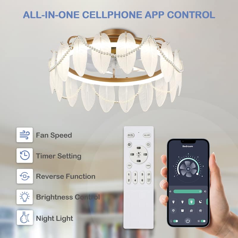 Cusp Barn 20'' Modern Indoor Flush Mount Ceiling Fan with Lights and APP Control Feather Low Profile Ceiling Fans for Bedroom