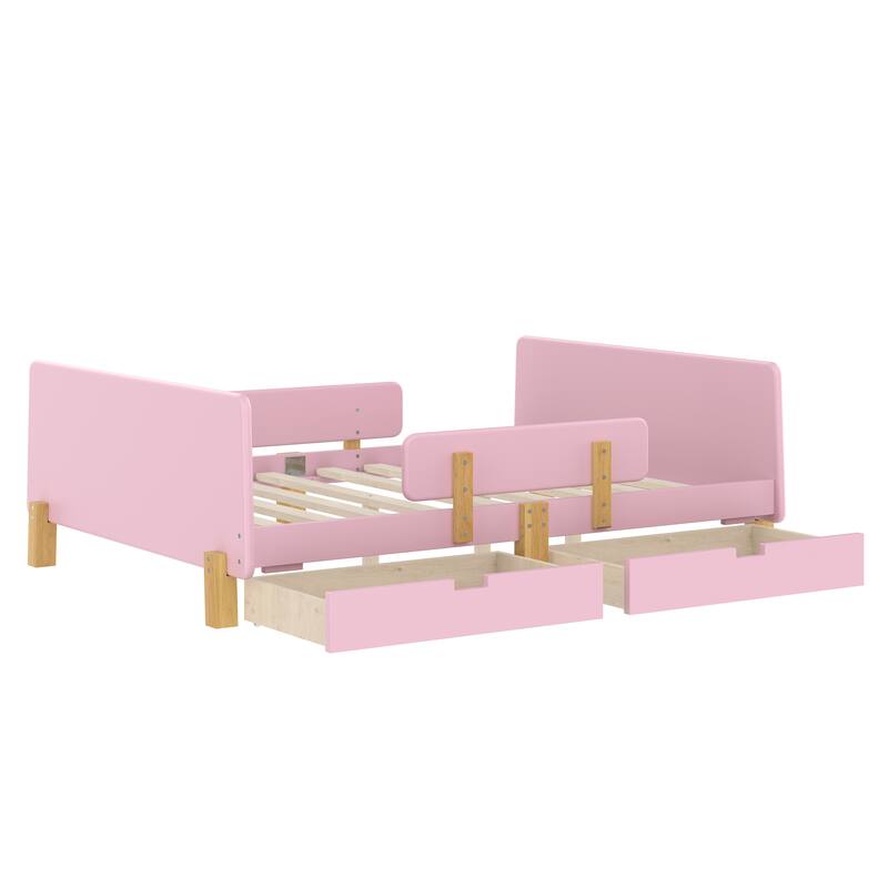 Full Size Platform Bed with Storage Drawers, Solid Wood Beds Frame with Bed Guardrail, Small Shelf, and Hooks