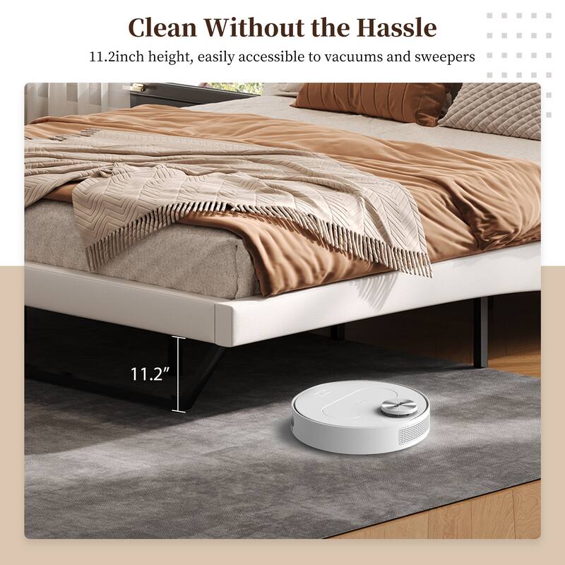 Wave-Like Curve Design Platform Bed Pu Leathe Upholstered Bed Frame Wooden Slat Support