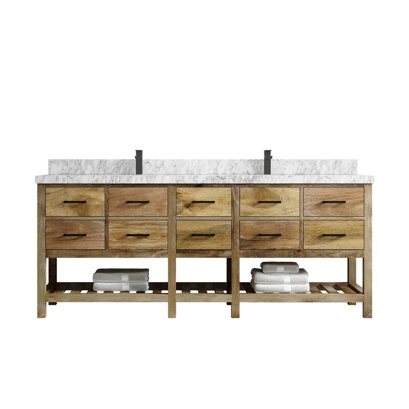 Willow Collections 84 in. W x 22 in. D Parker Mango Double Bowl Sink Bathroom Vanity with Parker Countertop - 2" Carrara Marble - Natural Mango