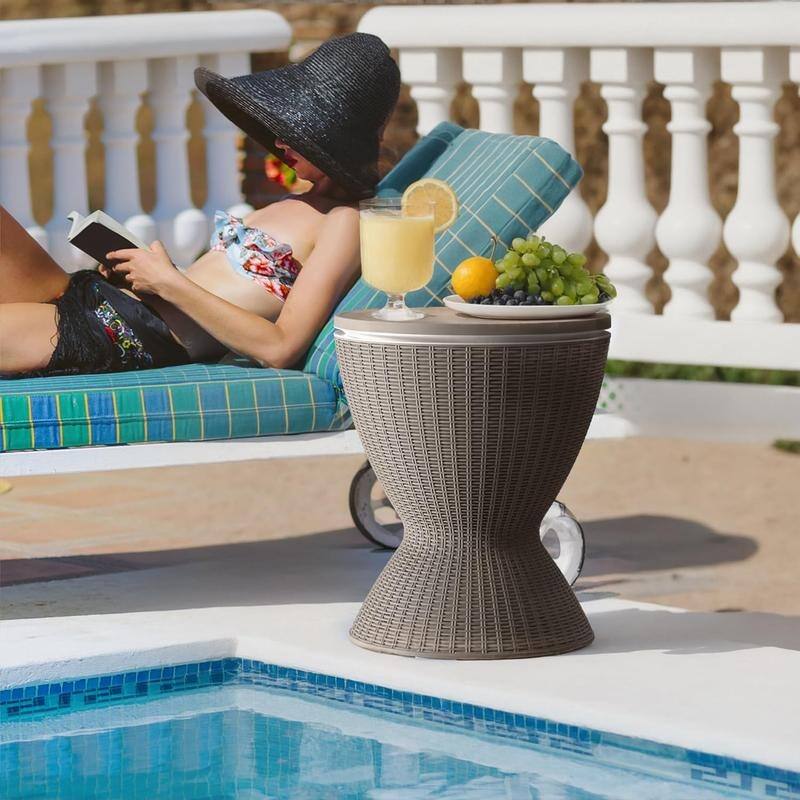 30L Slim Waist Ice Cooler with Convertible Cocktail Table Lid-Rattan-Look Stainless Steel, 8-Gallon Capacity - 30L/8GAL