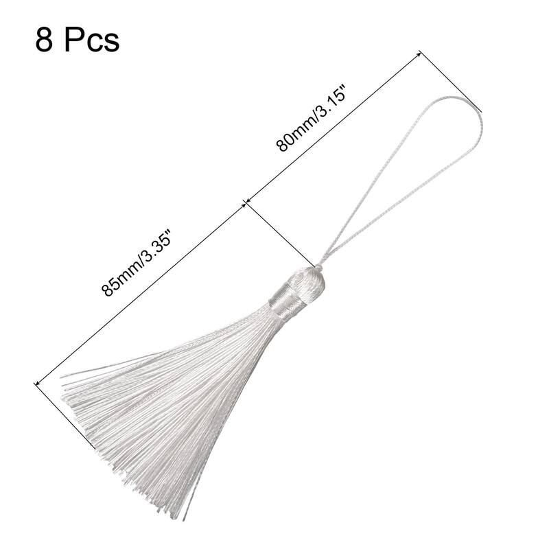6.5" Silky Bookmark Tassels with Loop for DIY Craft Accessory, 8Pcs - White