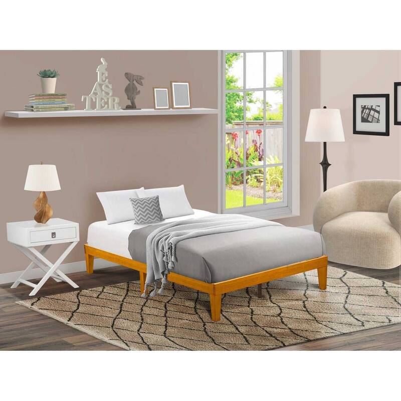 Full Size Bed Frame - Platform Bed with Wood Legs - Oak Finish - Sturdy & Easy Assembly