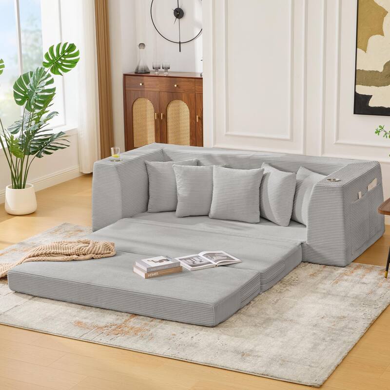 2 in 1 Convertible Sofa Bed, Sleeper Sofa with Storage Pockets, Pull Out Loveseat Couch with Two Cup Holders