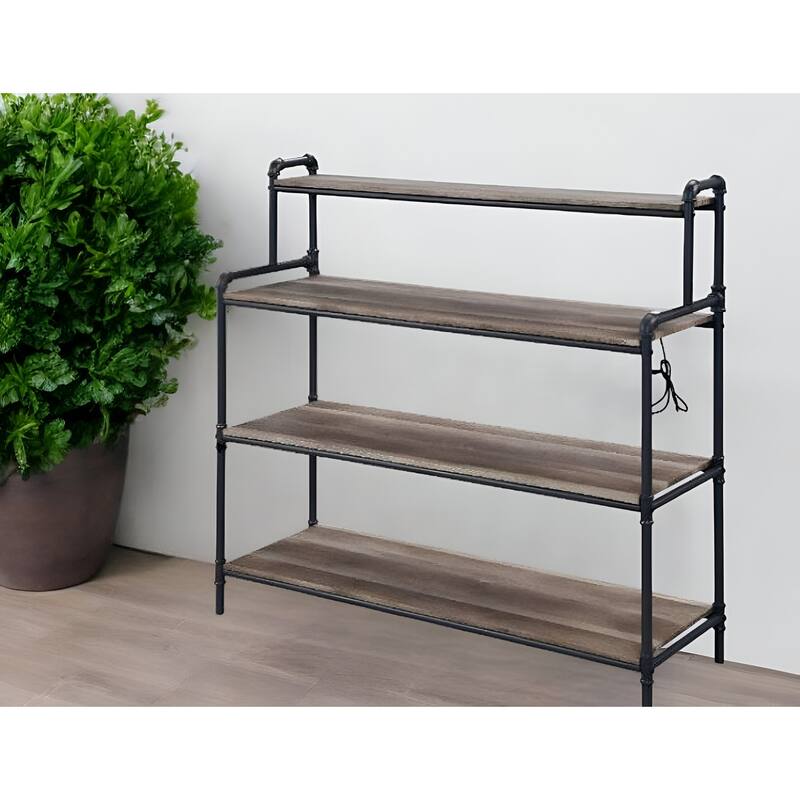 43" Brown and Black Metal Four Tier USB Bookcase - Brown
