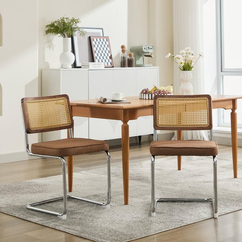 Mid Century Modern Dining Chairs Set of 2, Natural Cane Back & Stainless Chrome Base, Upholstered Rattan Kitchen Chairs