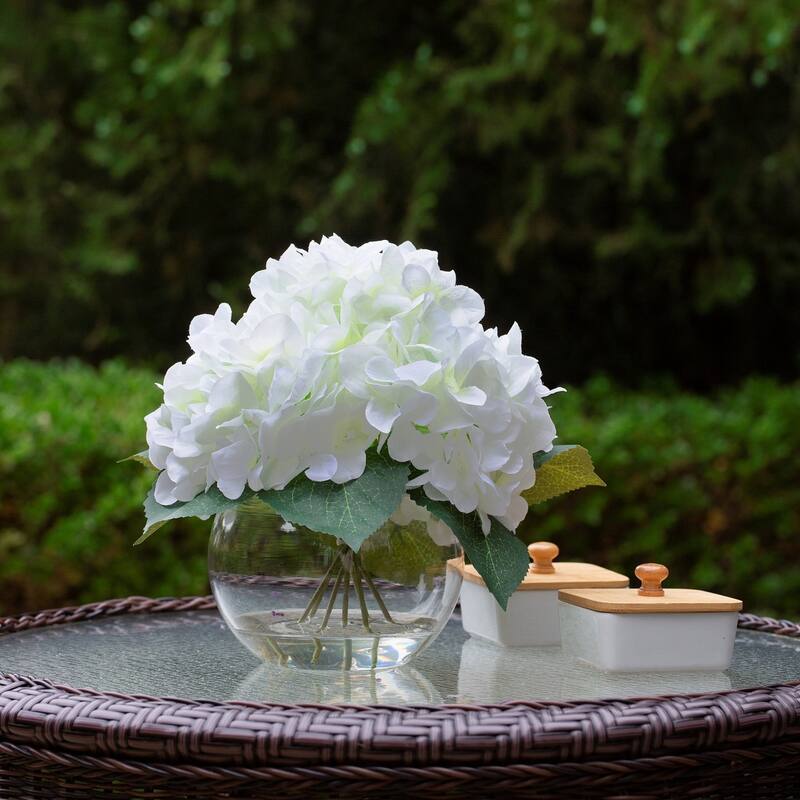 Hydrangea Artificial Flowers in Round Glass Vase with Faux Water, Silk Flower Arrangements in Vase for Home Decor, Wedding Table - Cream