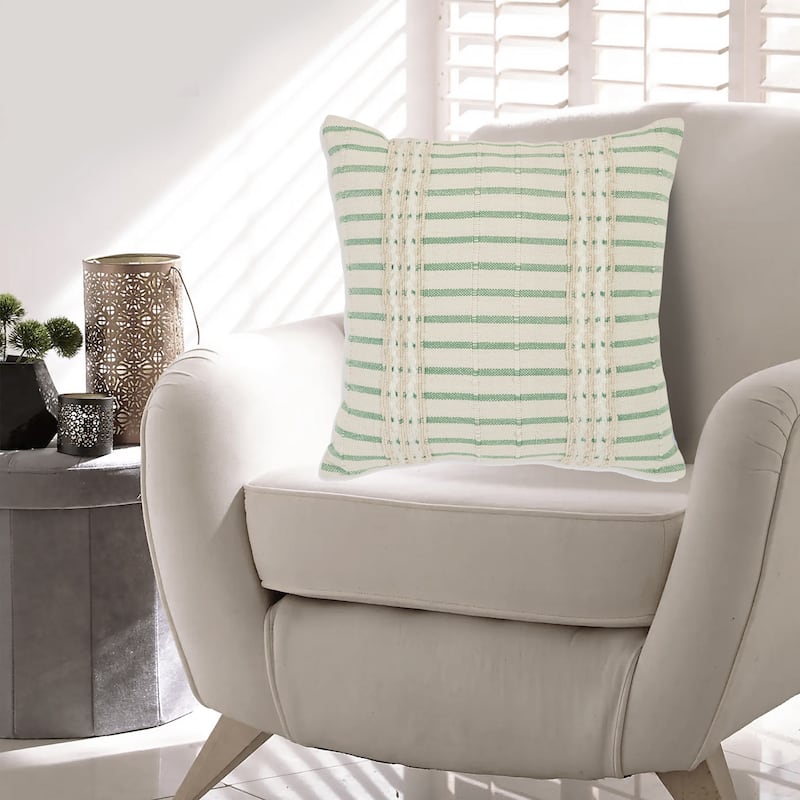 Tony 20 Inch Throw Pillow Set of 4, Striped Design, White and Green Cotton