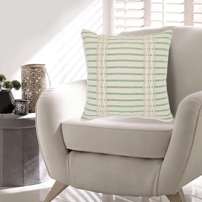 Tony 20 Inch Throw Pillow Set of 4, Striped Design, White and Green Cotton