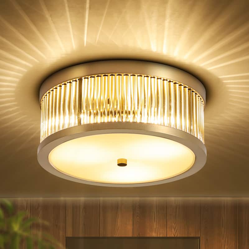 12.20 in. 3-Light Modern Industrial Round Drum Flush Mount Ceiling Light with Clear Glass Rods