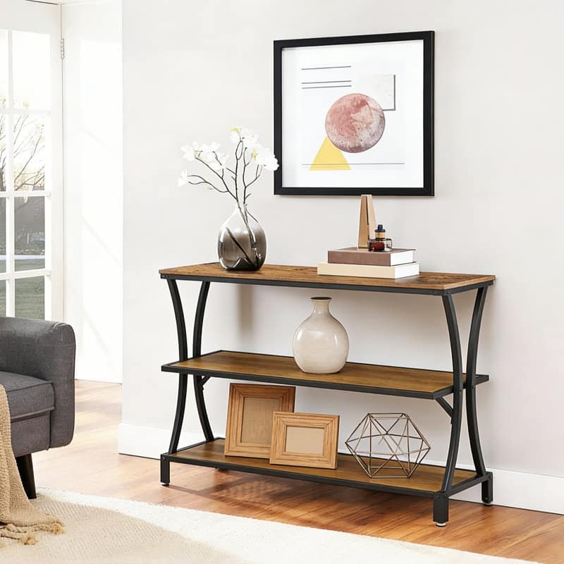43" Small Console Table, Entryway Table With 3-Tier Storage Shelf - Brown&Black