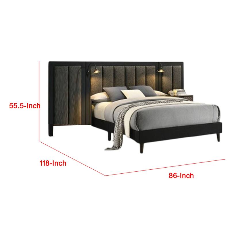 Fel Queen Size Bed, Dark Brown Wood Frame, Upholstered Headboard