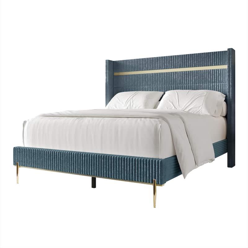 CraftPorch Luxurious Gold PU Strip Wingback Velvet Upholstered Bed - Light Blue - King