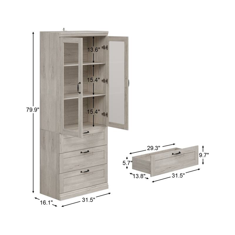 Bookcase Cabinet with Glass Doors and Drawers Multi-Purpose Storage Display Hutch for Living Room or Dining Room