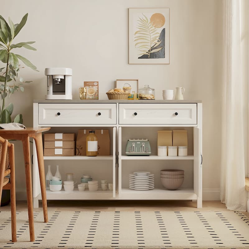 Farmhouse Kitchen Sideboard Buffet Cabinet with Storage, Wood Coffee Bar and Storage Sideboard with 2 Drawers and 4 Doors