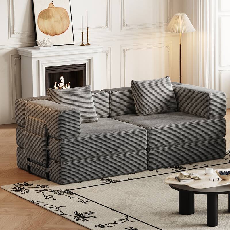 Folding Loveseat Sofa Convertible Sleeper Sofa Bed, Floor Standing Couch Bed Corduroy Floor Mats with Side Pockets and Pillows